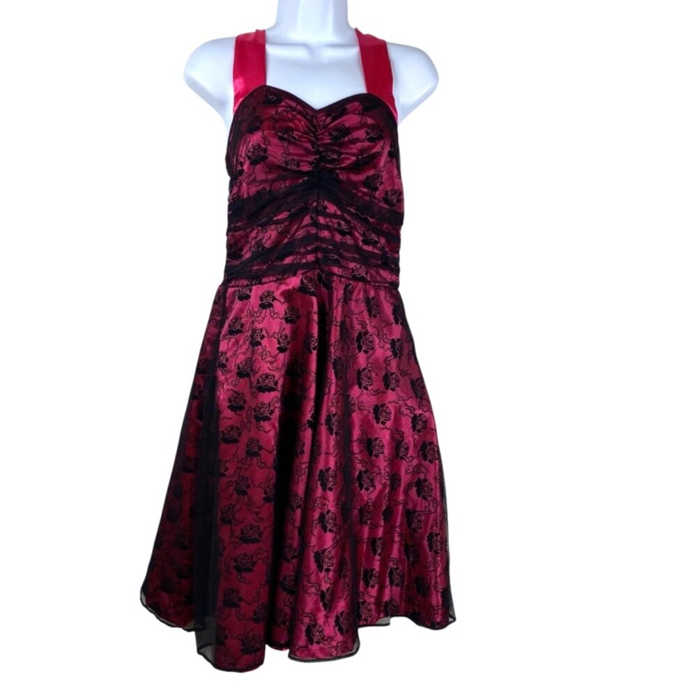 Hell Bunny Dress Halter Satin Lace Overlay Pink Black Sz L Whimsigoth Retro